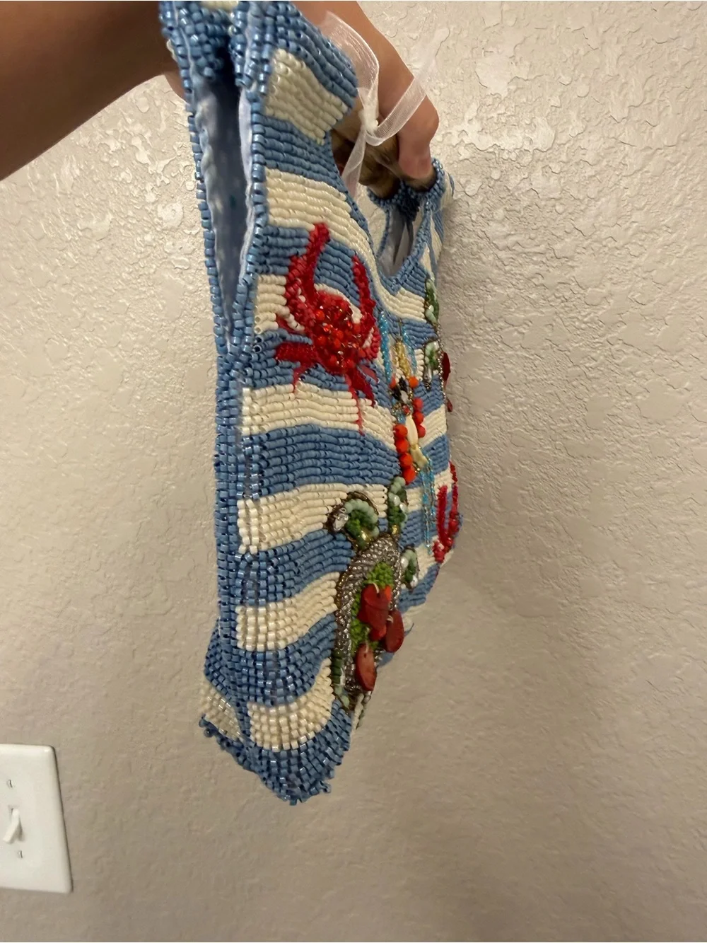 Viral Turtle & Crabs Blue White Striped Bamboo Handle Beaded Clutch - FIRM PRICE